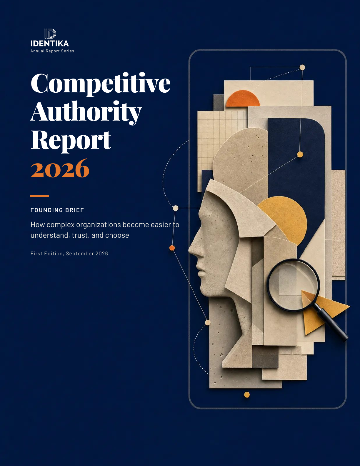 Cover of The Competitive Authority Report 2026 Founding Brief, with an editorial collage of a profile, evidence cards, and a magnifying glass